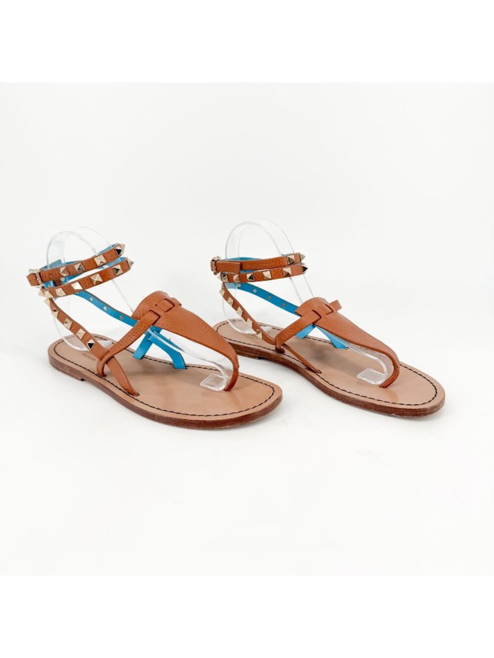 Valentino Rockstud Gladiator Thong Sandals Brown Flat Leather Wrap Size 38 US 8